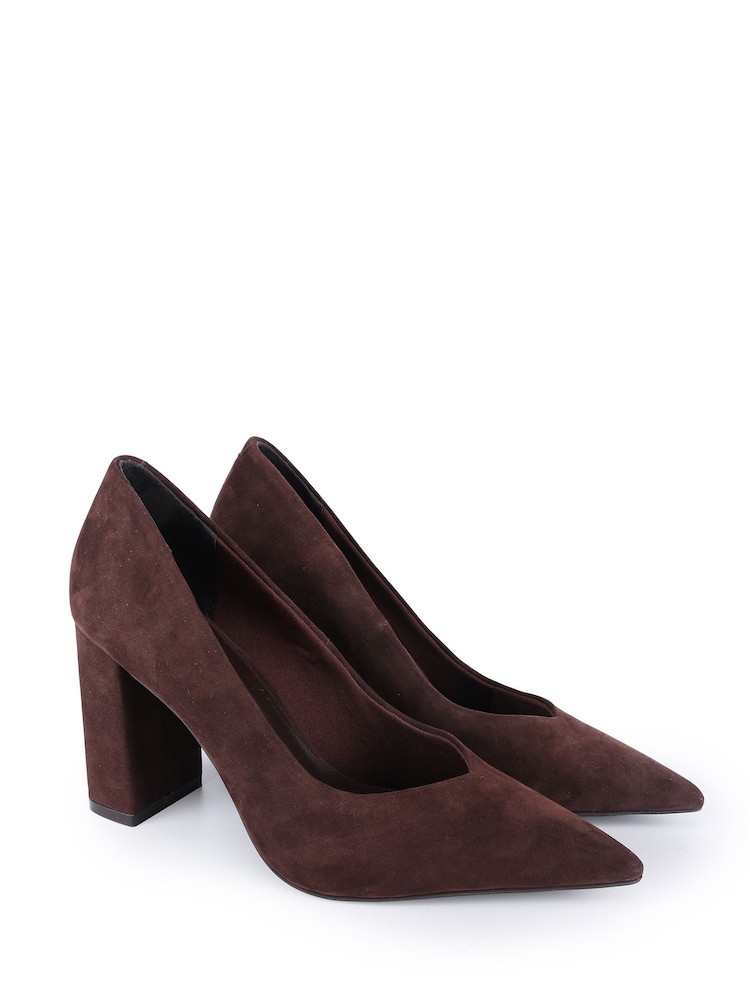 Off The Hook Chocolate Brown Brandy Suede Leather Pointed Toe Block Heel Shoes - Image 2 of 6
