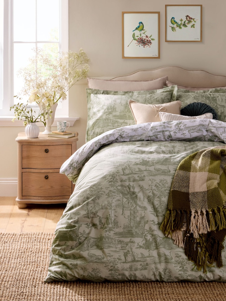 Laura Ashley Olive Green Braysmith Toile 200 Thread Count Duvet Cover and Pillowcase Set - Image 1 of 7 Laura Ashley Olive Green Braysmith Toile 200 Thread Count Duvet Cover and Pillowcase Set - Image 1 of 7