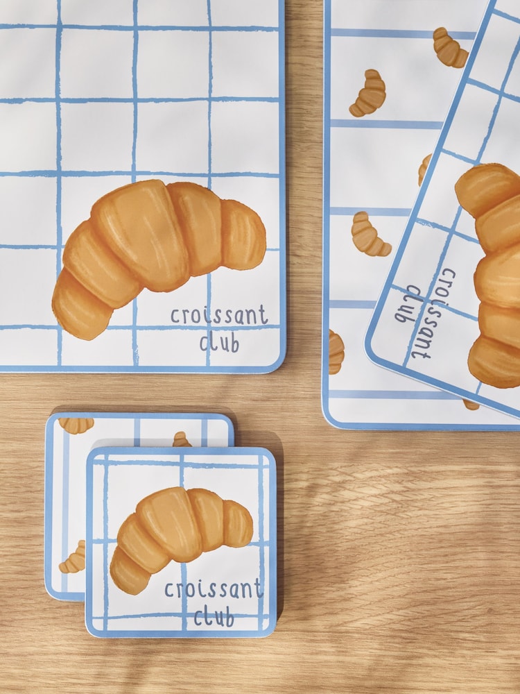 Set of 4 Blue Croissant Brunch Corkback Placemats and Coasters - Image 2 of 3 Set of 4 Blue Croissant Brunch Corkback Placemats and Coasters - Image 2 of 3