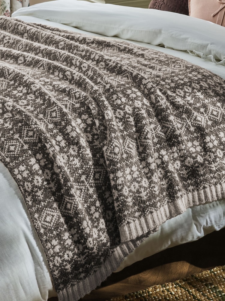 Laura Ashley Chocolate Truffle Selsey Fairisle Knitted Throw - Image 1 of 7