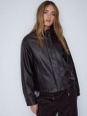 Chocolate Brown Funnel Neck Faux Leather Jacket - Image 1 of 5