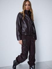 Chocolate Brown Funnel Neck Faux Leather Jacket - Image 2 of 5