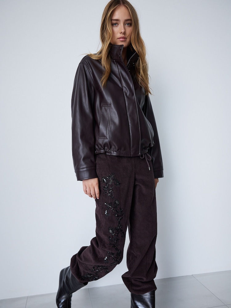 Chocolate Brown Funnel Neck Faux Leather Jacket - Image 2 of 5 Chocolate Brown Funnel Neck Faux Leather Jacket - Image 2 of 5