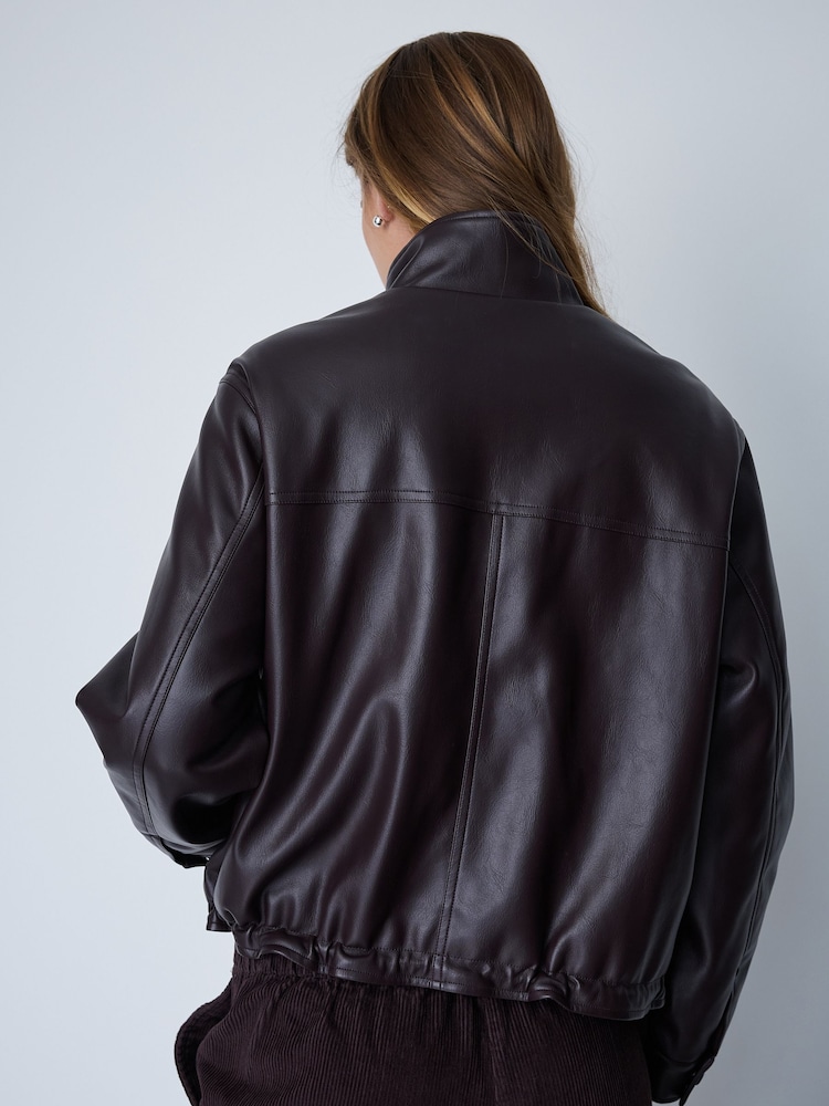 Chocolate Brown Polished Faux Leather Funnel Neck Quilt Lined Jacket - Image 2 of 3 Chocolate Brown Polished Faux Leather Funnel Neck Quilt Lined Jacket - Image 2 of 3