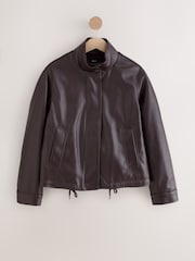 Chocolate Brown Polished Faux Leather Funnel Neck Quilt Lined Jacket - Image 6 of 9