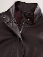 Chocolate Brown Polished Faux Leather Funnel Neck Quilt Lined Jacket - Image 7 of 9