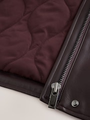 Chocolate Brown Polished Faux Leather Funnel Neck Quilt Lined Jacket - Image 9 of 9