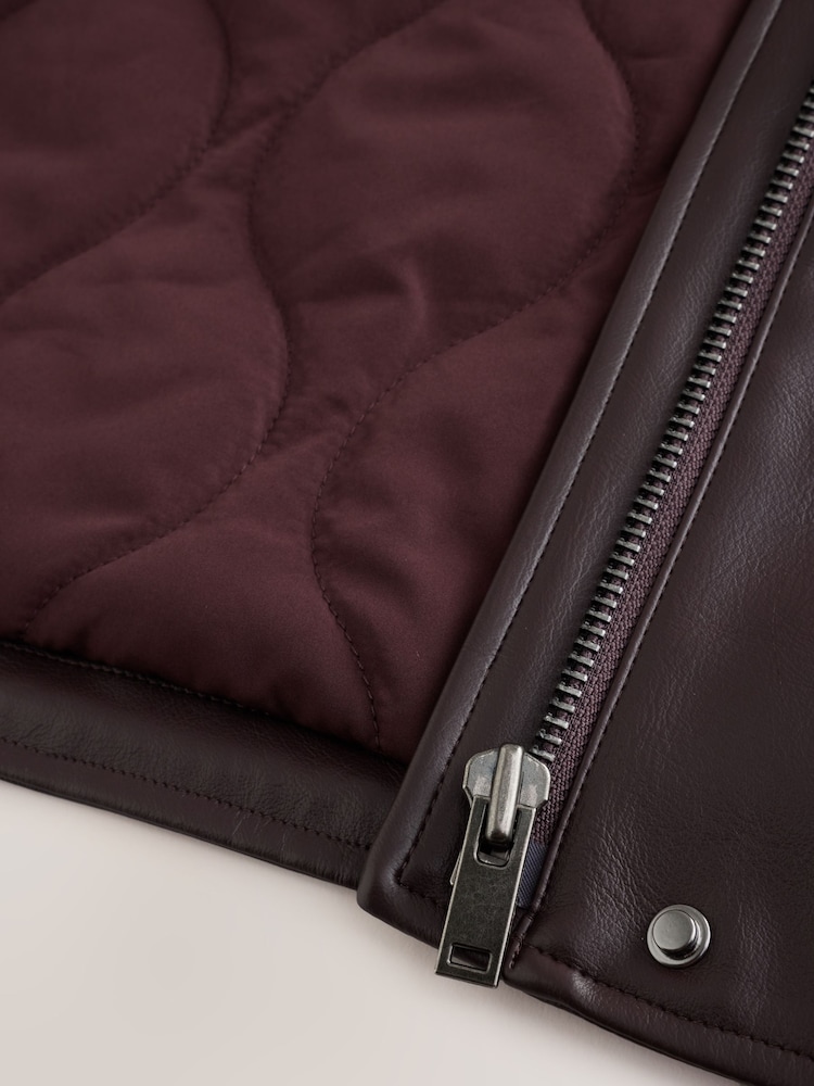 Chocolate Brown Polished Faux Leather Funnel Neck Quilt Lined Jacket - Image 9 of 9