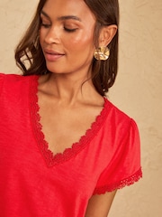 Love & Roses Red Lace Trim Flutter Sleeve V-Neck Top - Image 2 of 4