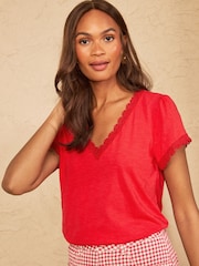 Love & Roses Red Lace Trim Flutter Sleeve V-Neck Top - Image 4 of 4