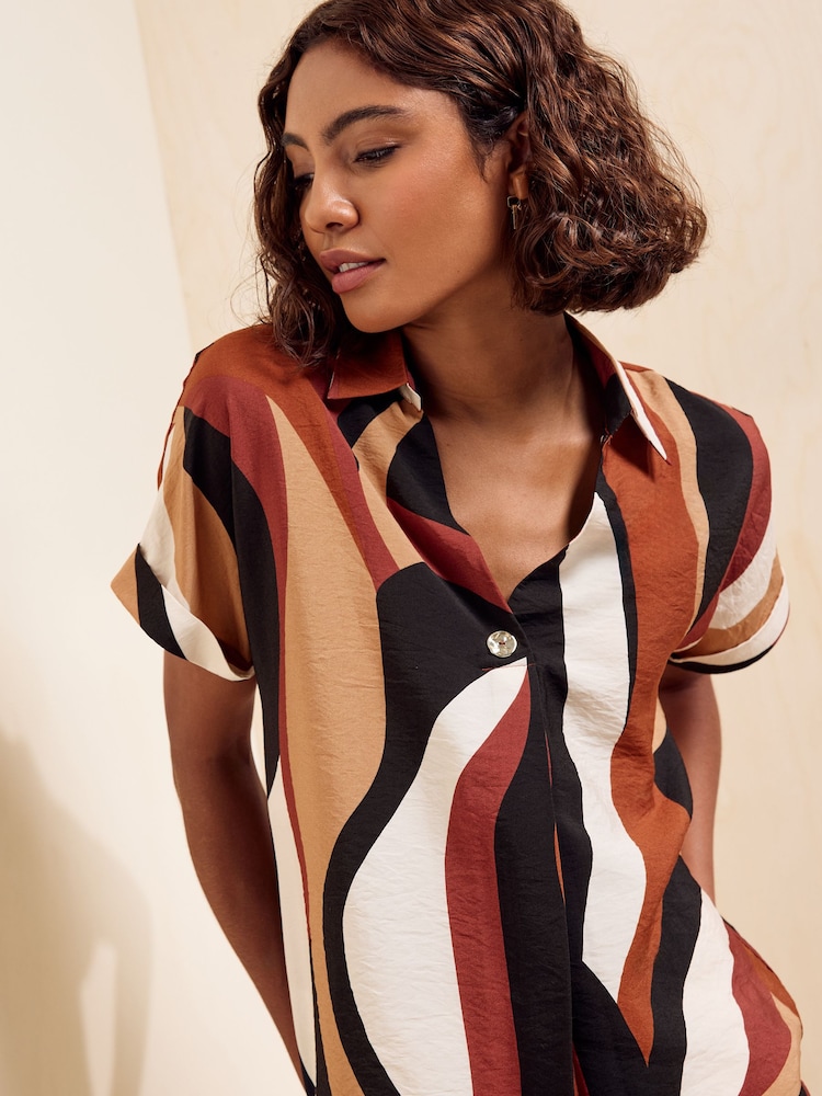 Friends Like These Tan Brown Print Short Sleeve Button Detail Collared Blouse - Image 1 of 6 Friends Like These Tan Brown Print Short Sleeve Button Detail Collared Blouse - Image 1 of 6