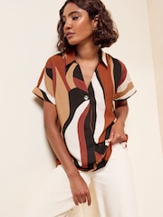 Friends Like These Tan Brown Print Short Sleeve Button Detail Collared Blouse - Image 2 of 6