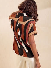 Friends Like These Tan Brown Print Short Sleeve Button Detail Collared Blouse - Image 6 of 6