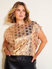 Friends Like These Gold Curve Short Sleeve Sequin Blouse - Image 1 of 6