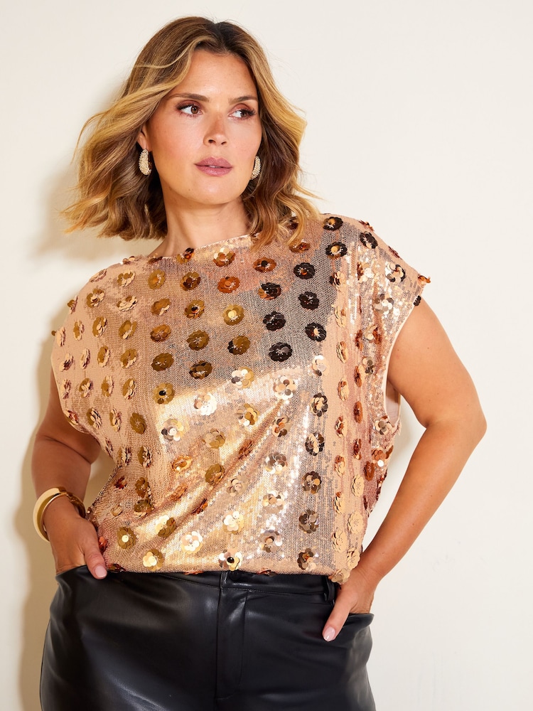 Friends Like These Gold Curve Short Sleeve Sequin Blouse - Image 1 of 6