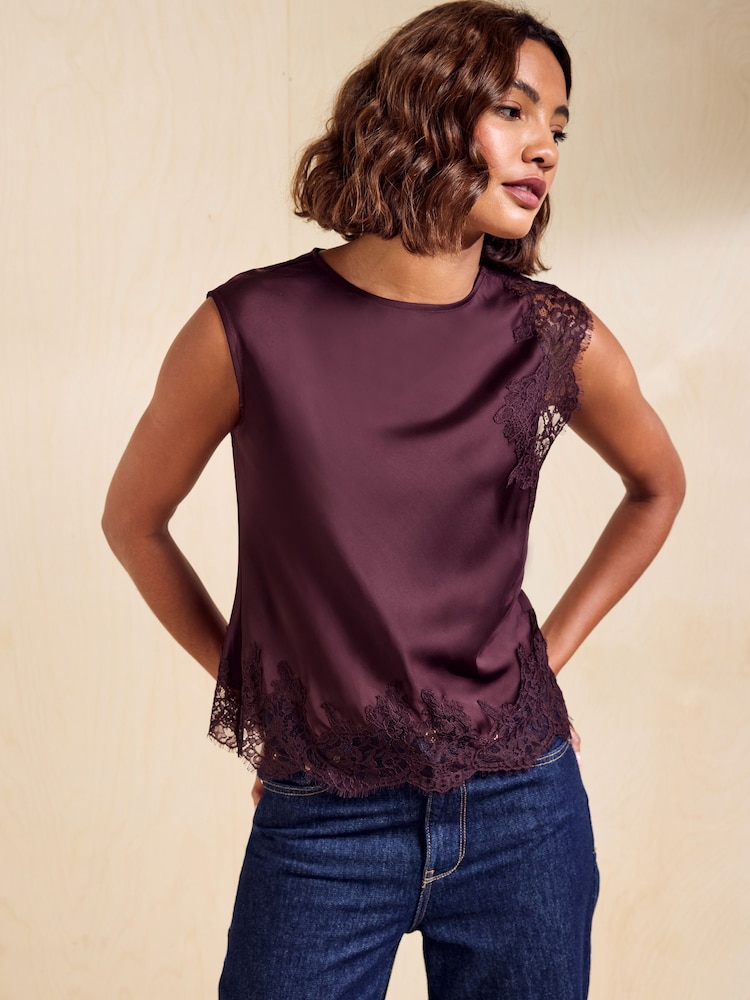 Friends Like These Fig Purple Premium Satin Lace Sleeve Top - Image 1 of 6