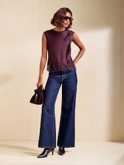 Friends Like These Fig Purple Premium Satin Lace Sleeve Top - Image 2 of 6