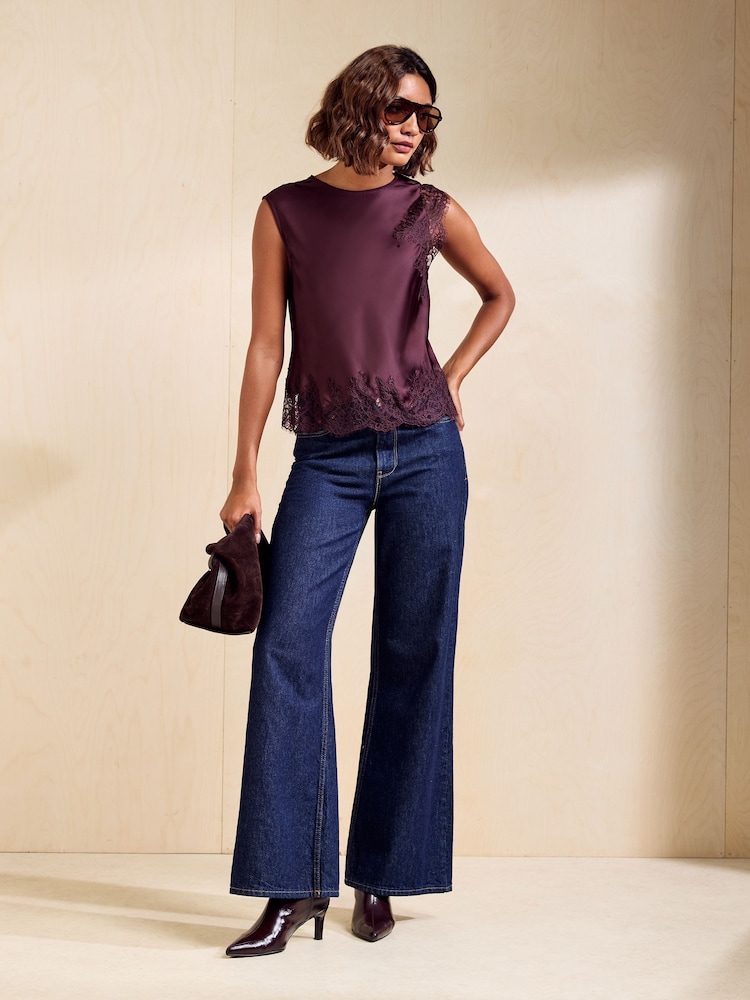 Friends Like These Fig Purple Premium Satin Lace Sleeve Top - Image 2 of 6