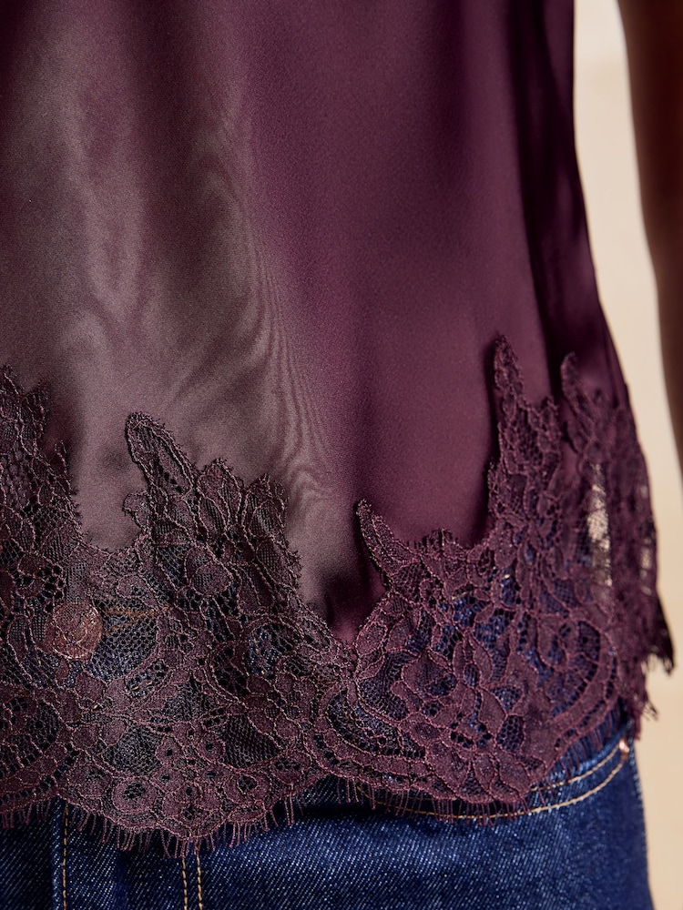Friends Like These Fig Purple Premium Satin Lace Sleeve Top - Image 6 of 6