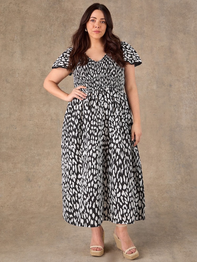 Live Unlimited Black Animal Print Shirred Midi Dress - Image 6 of 6
