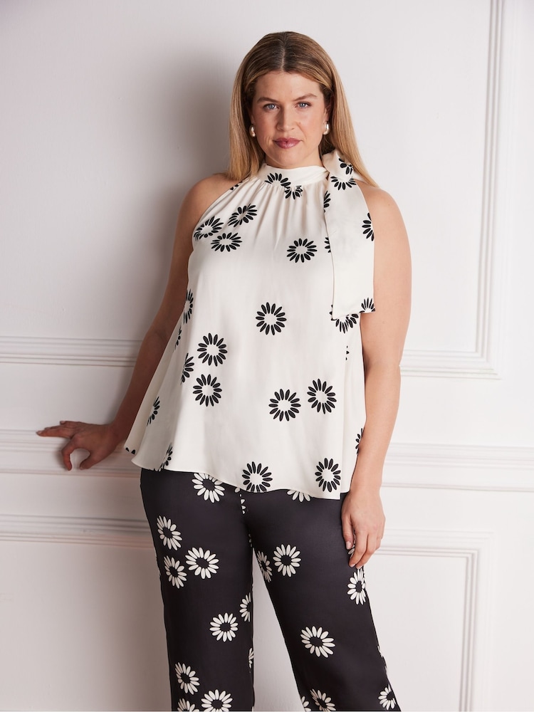 Live Unlimited White Floral Print Bow Halter Neck Top - Image 1 of 1