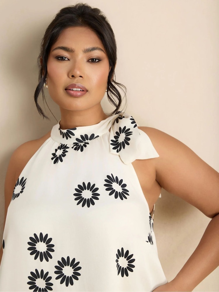 Live Unlimited White Floral Print Bow Halter Neck Top - Image 2 of 3 Live Unlimited White Floral Print Bow Halter Neck Top - Image 2 of 3