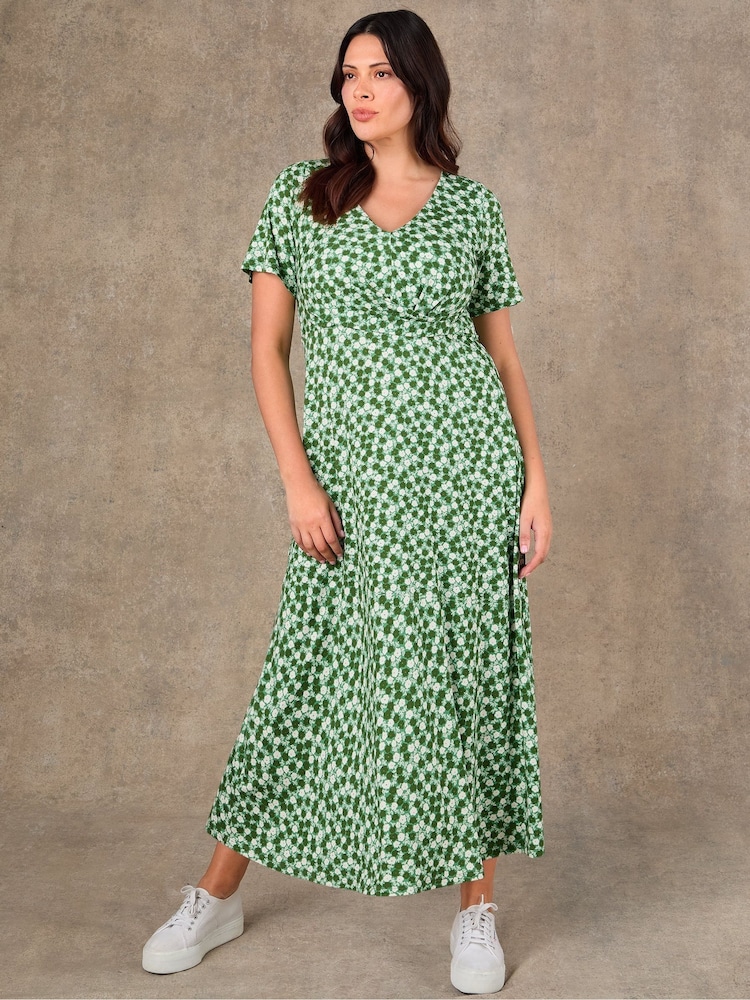 Live Unlimited Green Ditsy Jersey Midaxi Wrap Dress - Image 5 of 5