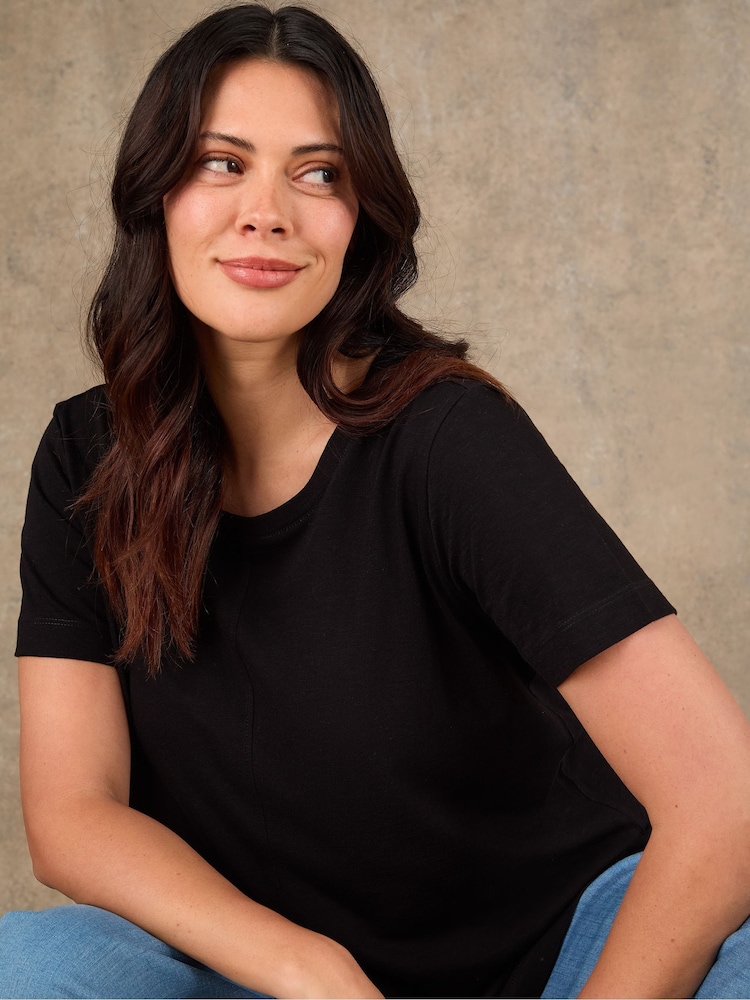 Live Unlimited Black Cotton Slub Round Neck Seam Detail T-Shirt - Image 1 of 4