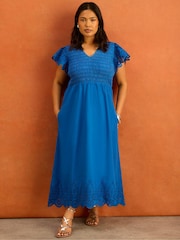 Live Unlimited Blue Broderie Shirred Midi Dress - Image 1 of 7