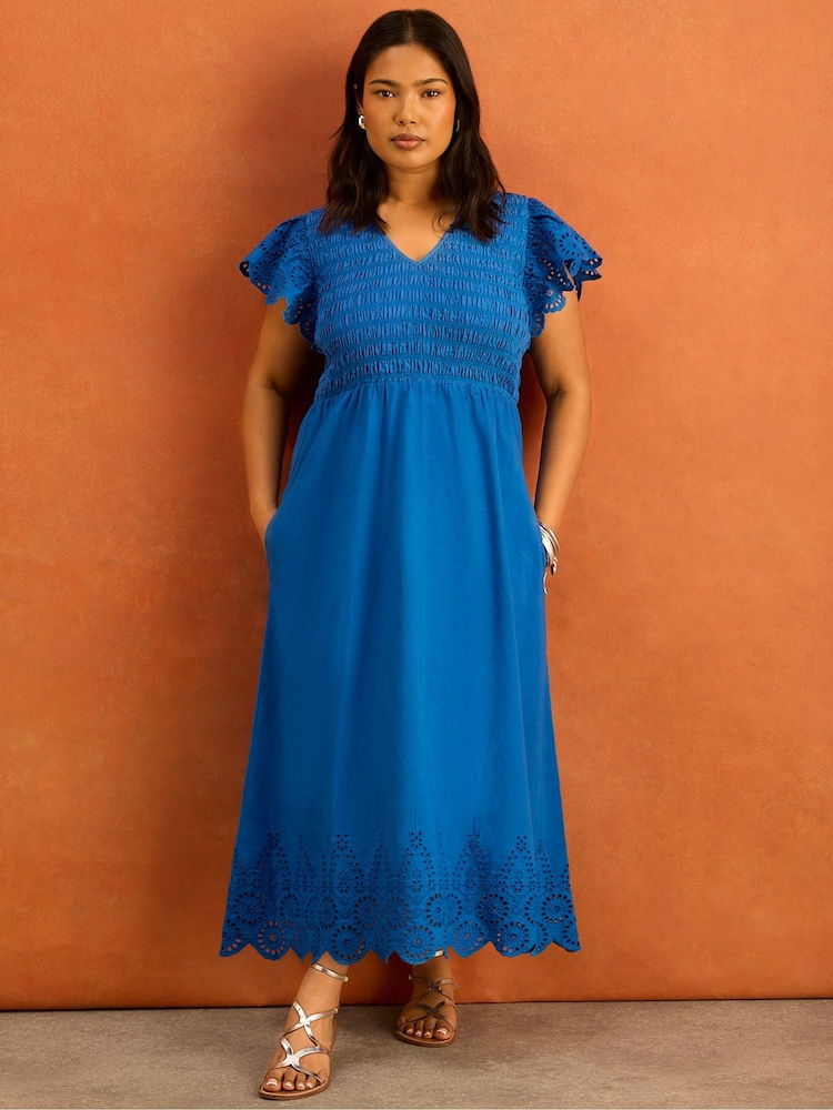 Live Unlimited Blue Broderie Shirred Midi Dress - Image 1 of 7