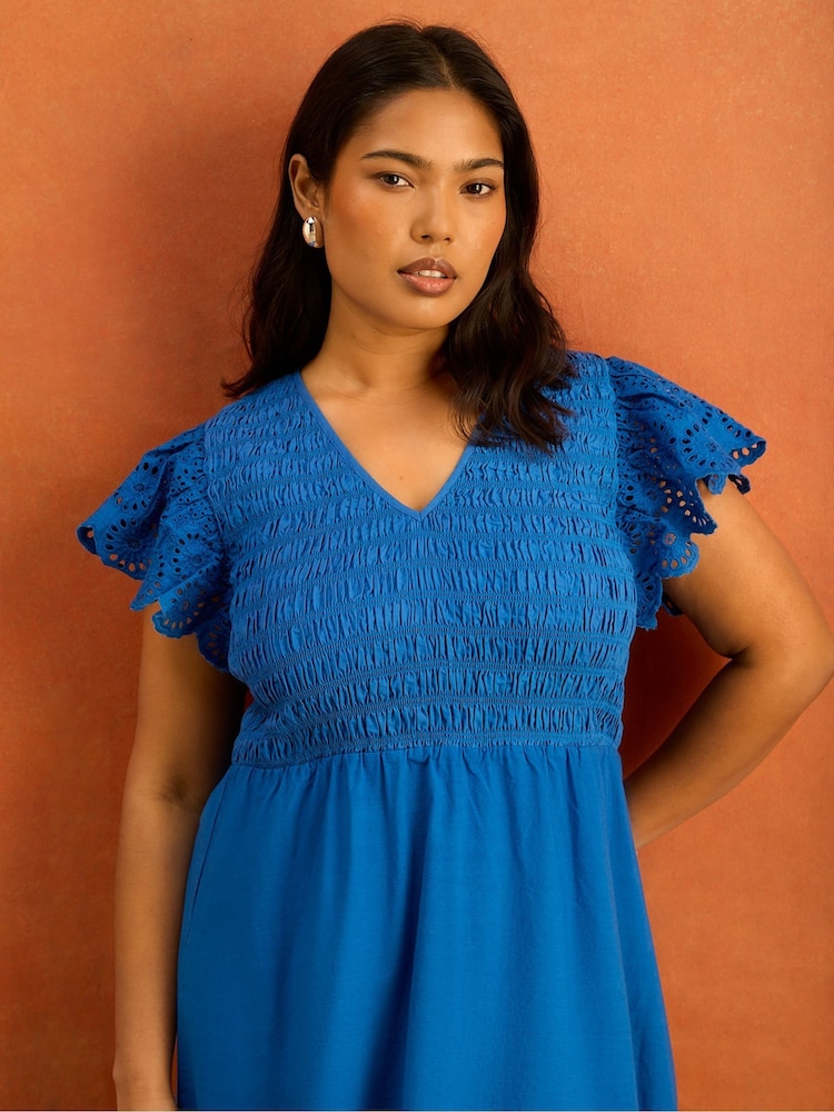 Live Unlimited Blue Broderie Shirred Midi Dress - Image 2 of 7