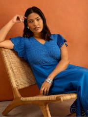 Live Unlimited Blue Broderie Shirred Midi Dress - Image 3 of 7