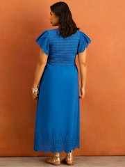 Live Unlimited Blue Broderie Shirred Midi Dress - Image 4 of 7