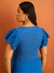 Live Unlimited Blue Broderie Shirred Midi Dress - Image 5 of 7