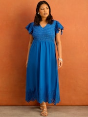 Live Unlimited Blue Broderie Shirred Midi Dress - Image 6 of 7