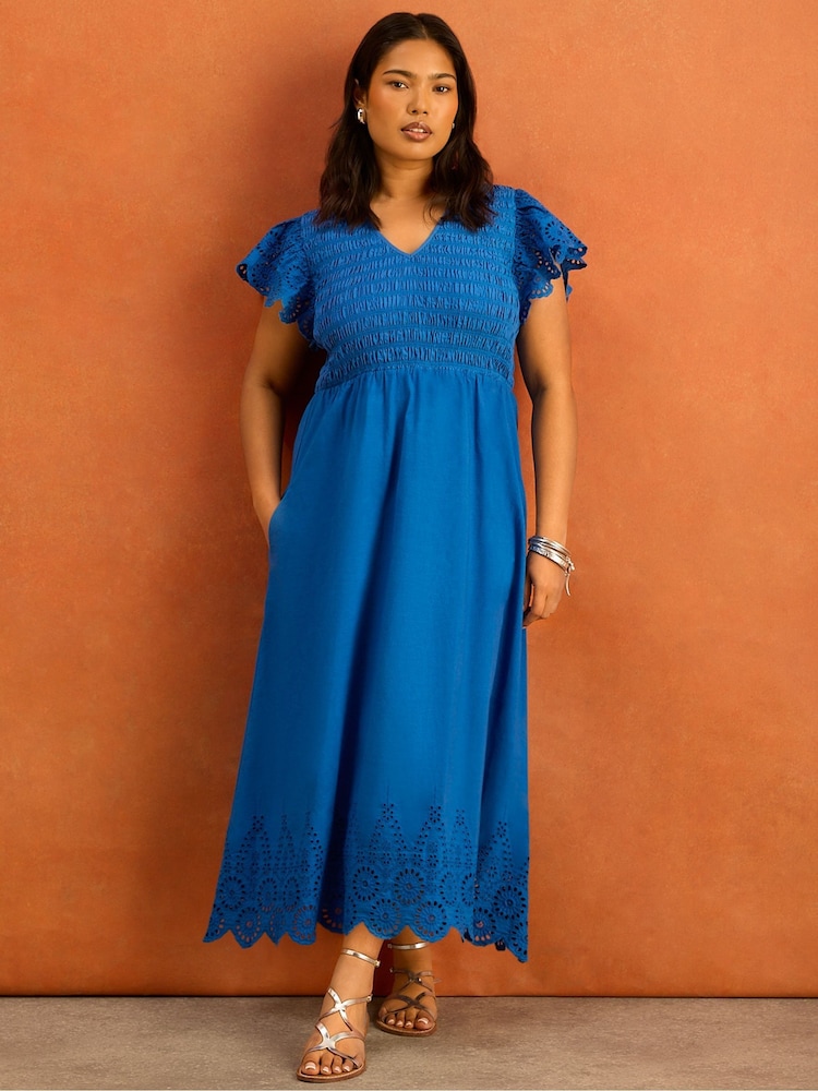 Live Unlimited Blue Broderie Shirred Midi Dress - Image 7 of 7