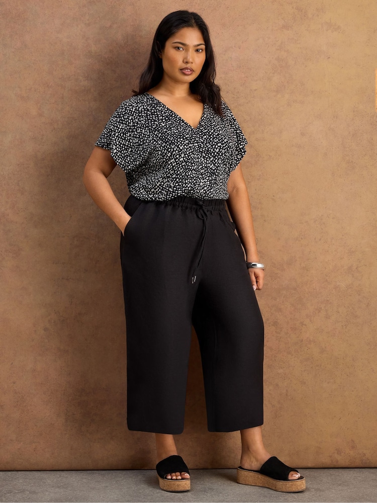 Live Unlimited Black Linen Blend Drawstring Cropped Trousers - Image 1 of 4