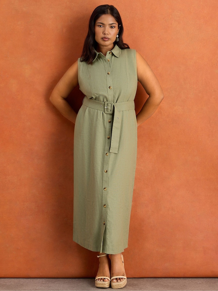 Live Unlimited Green Linen Blend Midaxi Shirt Dress - Image 1 of 6 Live Unlimited Green Linen Blend Midaxi Shirt Dress - Image 1 of 6