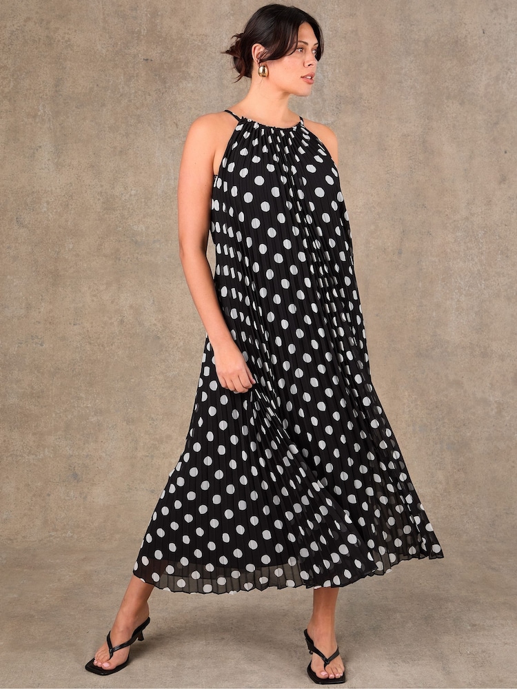 Live Unlimited Black Spot Print Halter Neck Pleated Maxi Dress - Image 2 of 4