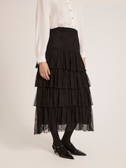 Finery Black Elisa Mesh Midi Tiered Skirt - Image 1 of 4