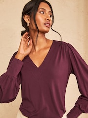 Love & Roses Burgundy Red V-Neck Jersey Top - Image 1 of 4