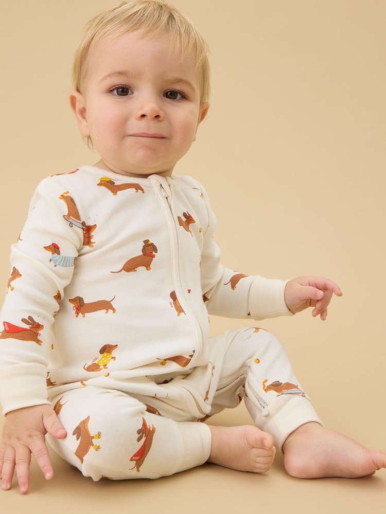 MORI Cream Sausage Dog Clever Zip Supersoft Sleepsuit - Image 1 of 4 MORI Cream Sausage Dog Clever Zip Supersoft Sleepsuit - Image 1 of 4