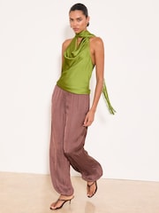 Lipsy Green Cowl Neck Scarf Detail Satin Top - Image 2 of 5