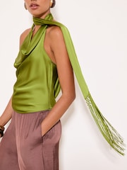 Lipsy Green Cowl Neck Scarf Detail Satin Top - Image 4 of 5