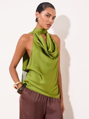 Lipsy Green Cowl Neck Scarf Detail Satin Top - Image 5 of 5