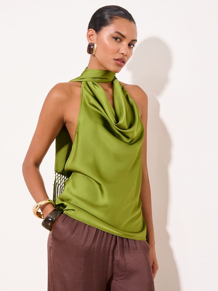 Lipsy Green Cowl Neck Scarf Detail Satin Top - Image 5 of 5