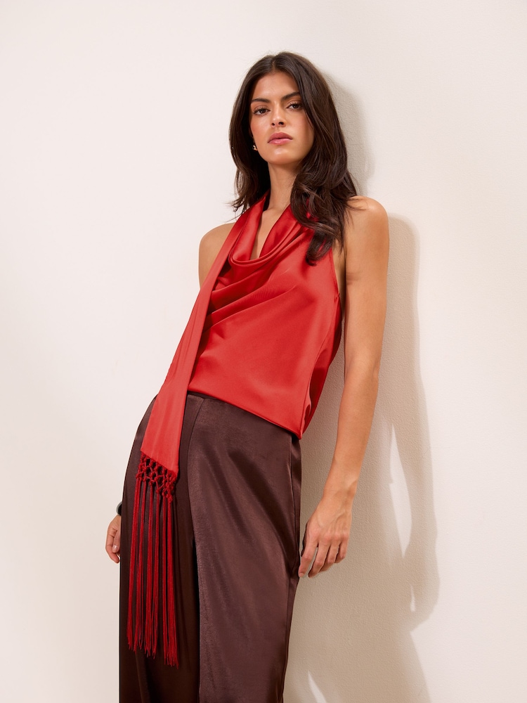 Lipsy Red Cowl Neck Scarf Detail Satin Top - Image 1 of 5