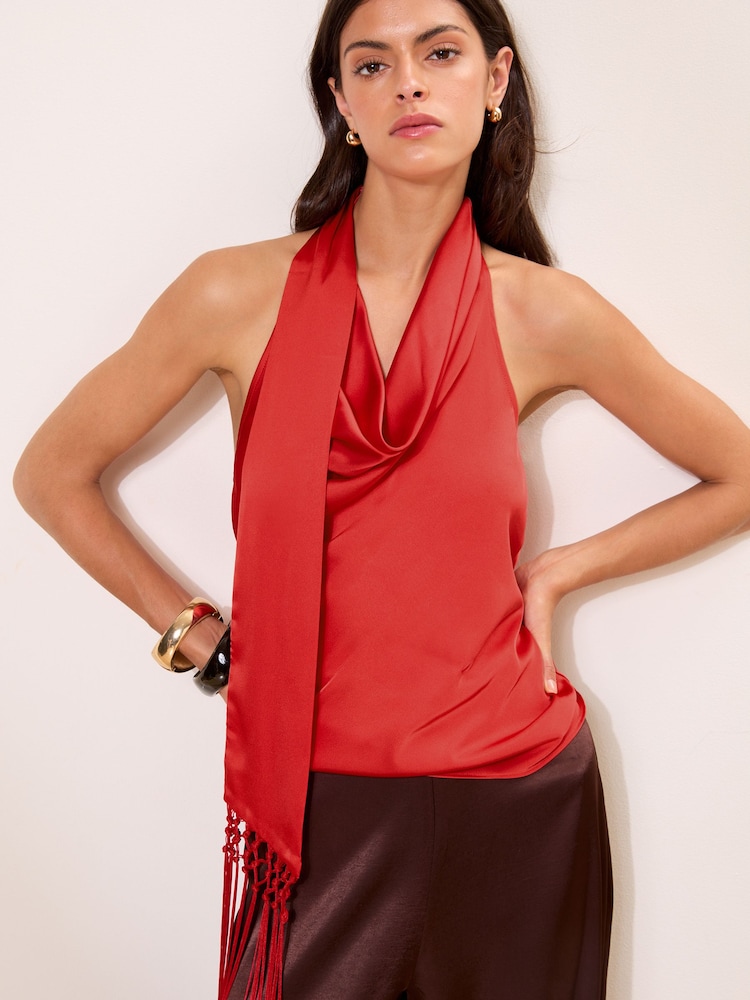 Lipsy Red Cowl Neck Scarf Detail Satin Top - Image 2 of 5