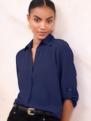 Navy - Lipsy V-Neck 3/4 Sleeve Collared Blouse - Larawan 1 ng 4