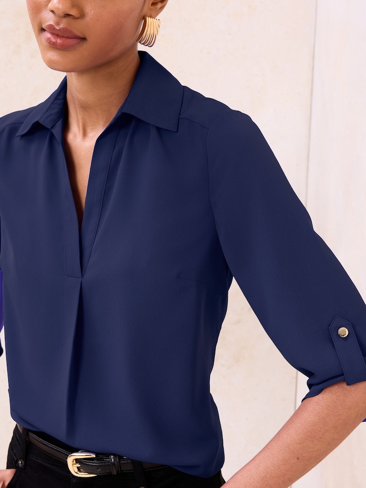 Navy - Lipsy V-Neck 3/4 Sleeve Collared Blouse - Larawan 2 ng 4